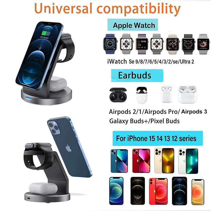 Carregador indução sem fio 3 em 1 para iPhone Watch e AirPods em fundo branco