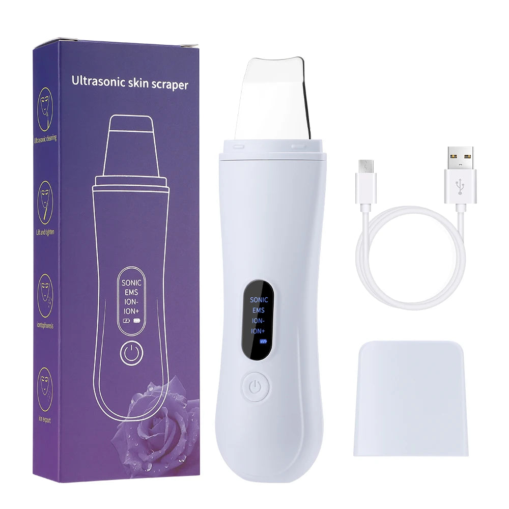 Espátula ultrassônica facial com 4 modos para limpeza de poros em fundo branco