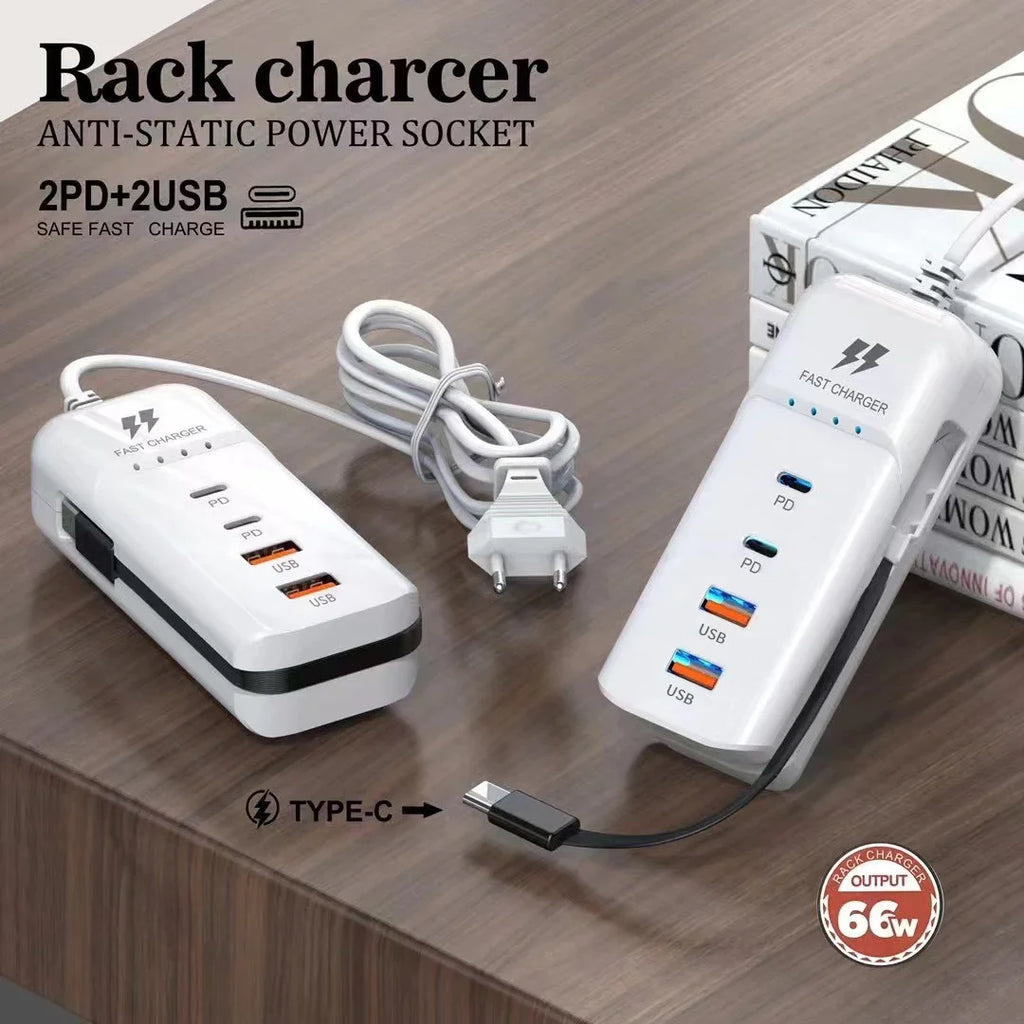 Carregador de parede USB-C 4 portas rápido em fundo branco
