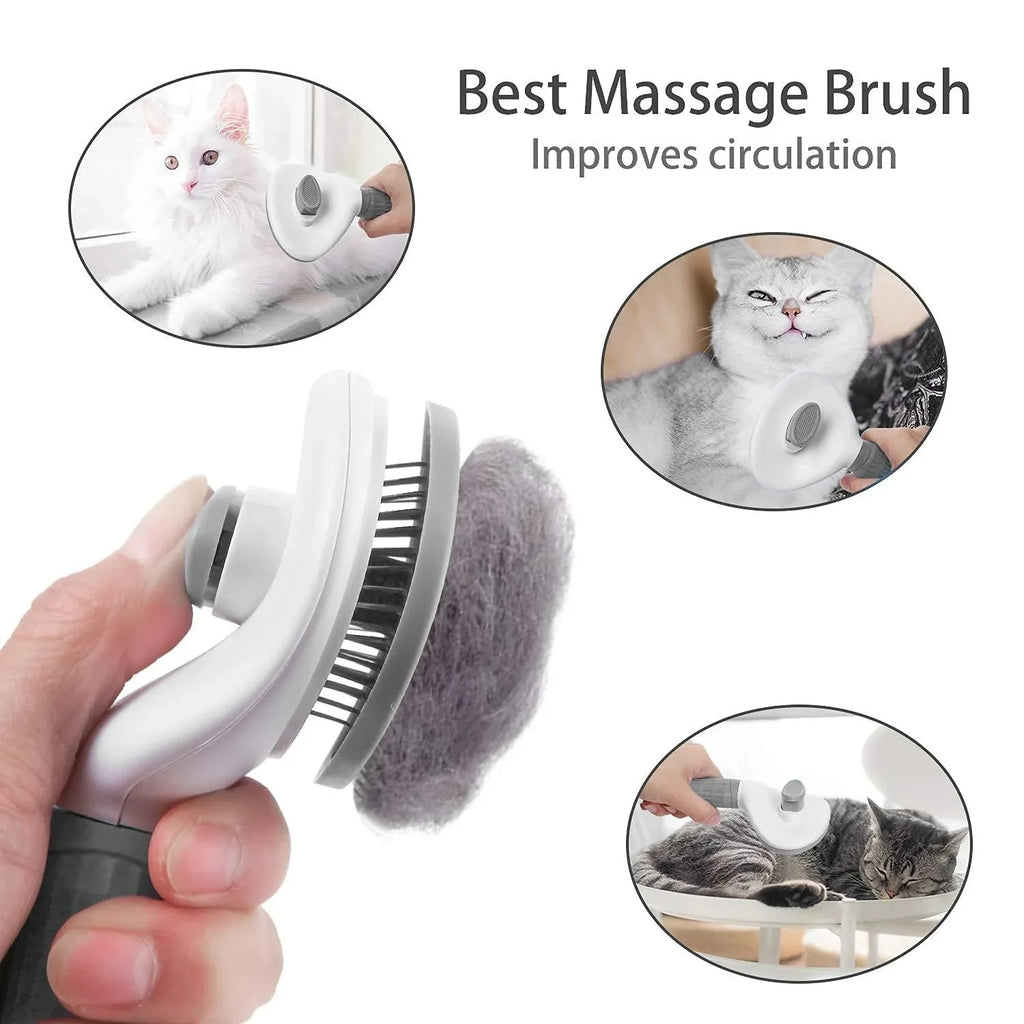 Escova tira pelos autolimpante para cães e gatos em fundo branco