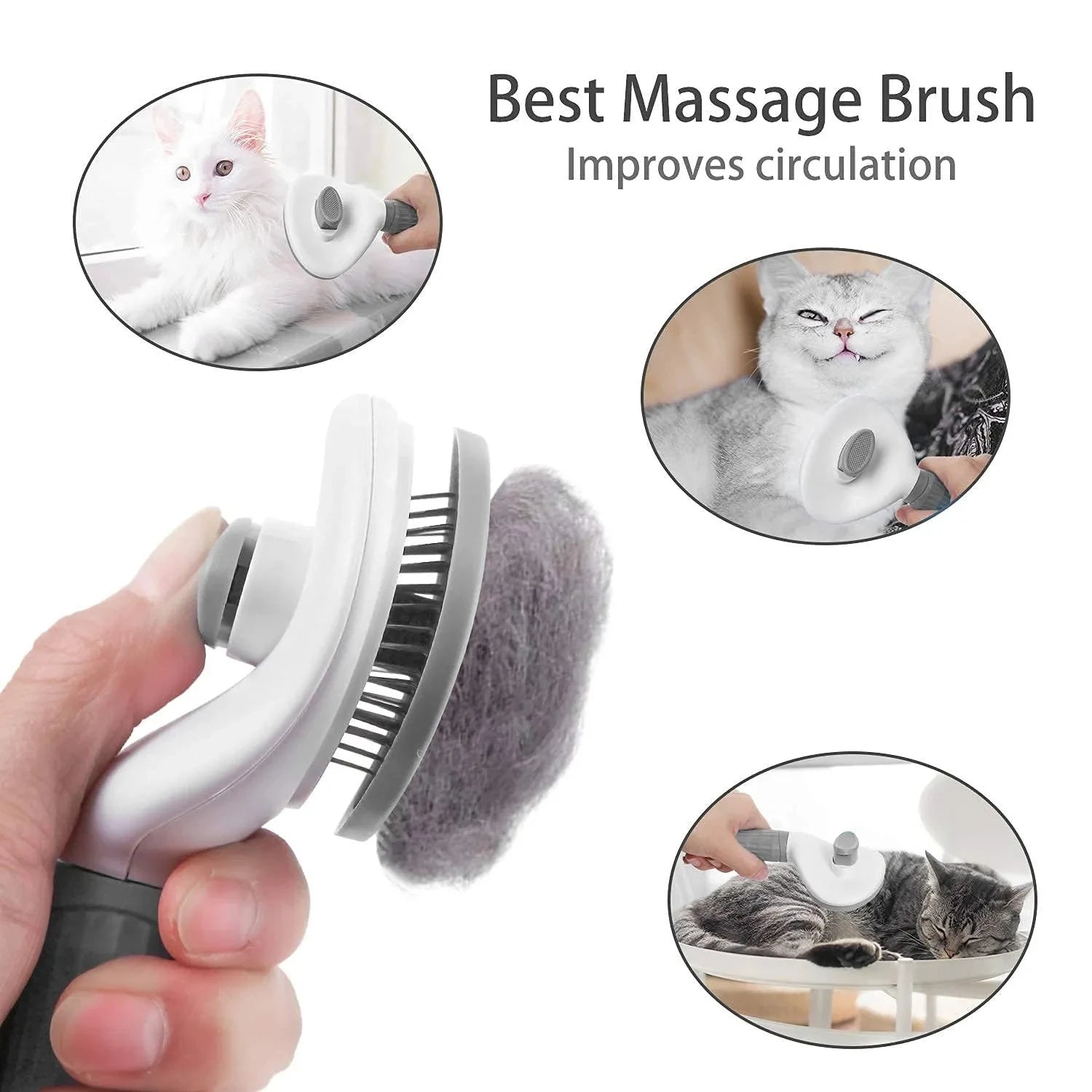 Escova tira pelos autolimpante para cães e gatos em fundo branco