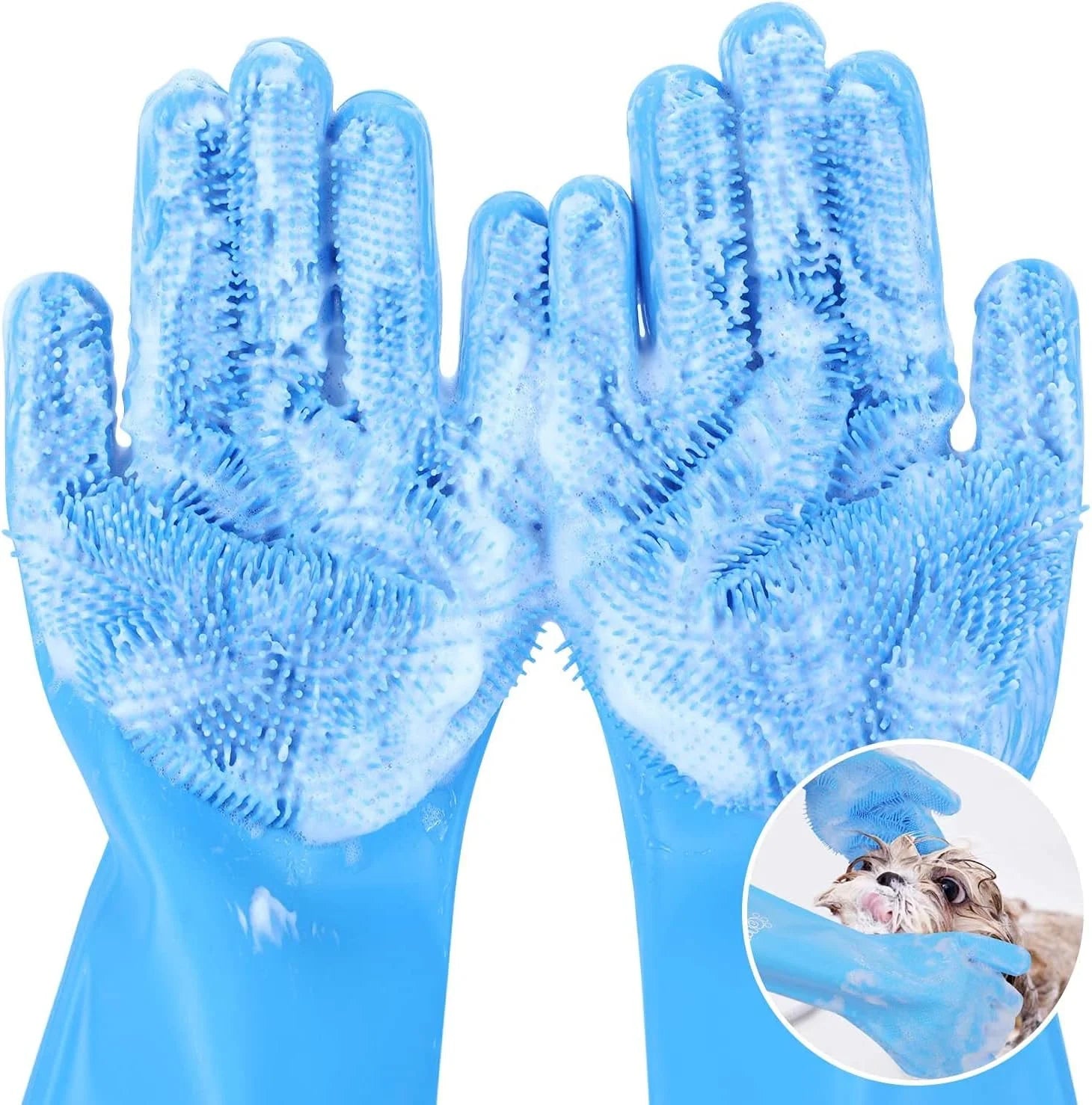 Luva de silicone banho massageadora tira pelos em fundo branco