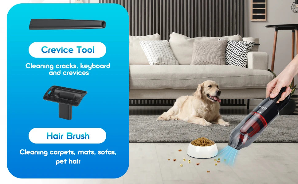 Mini aspirador portátil seco e molhado com escova para pets em fundo branco