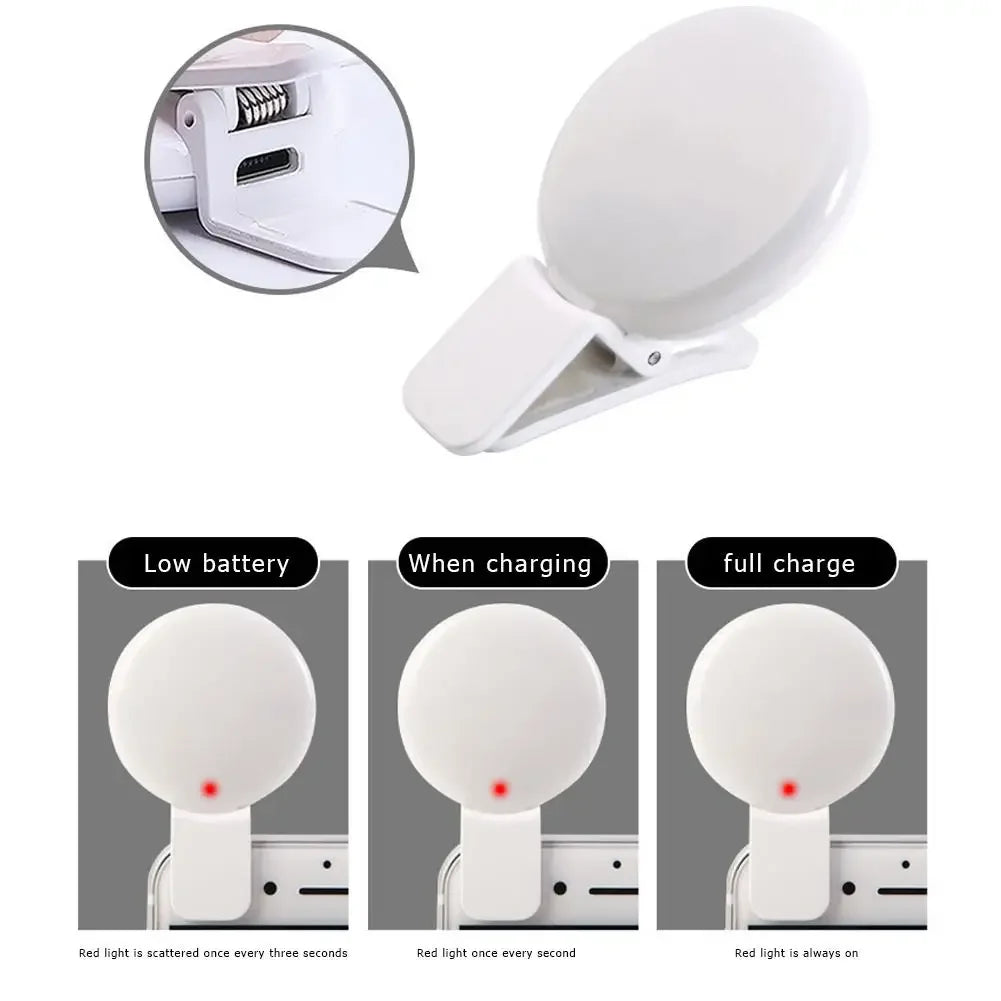 Ring light para celular clip com 3 níveis de luz em fundo branco