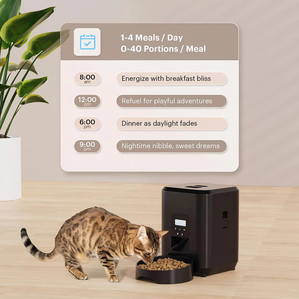 Comedouro automático para pets com timer programável e dispenser inteligente em fundo branco