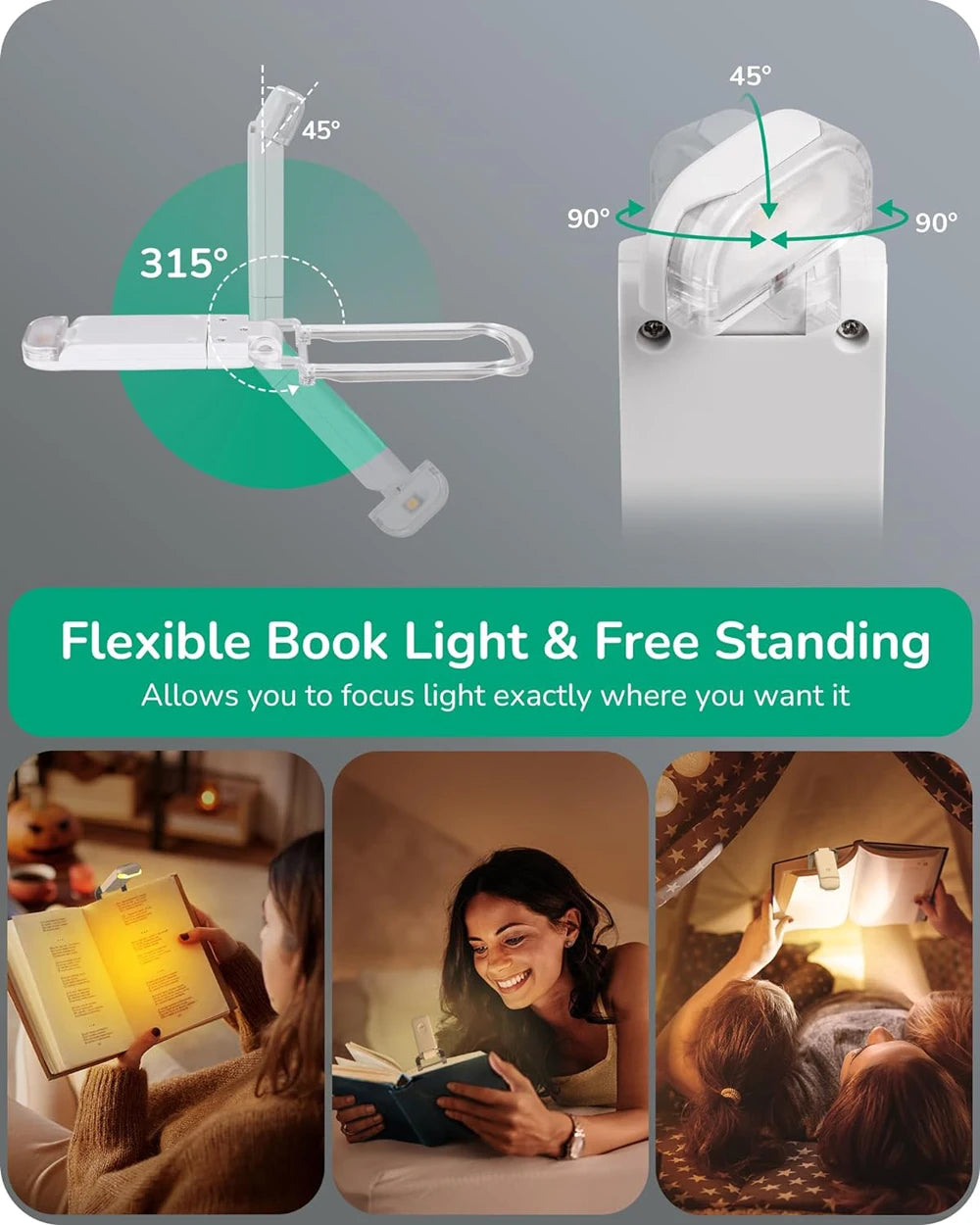 Luminária de leitura clip para livros com 3 cores em fundo branco