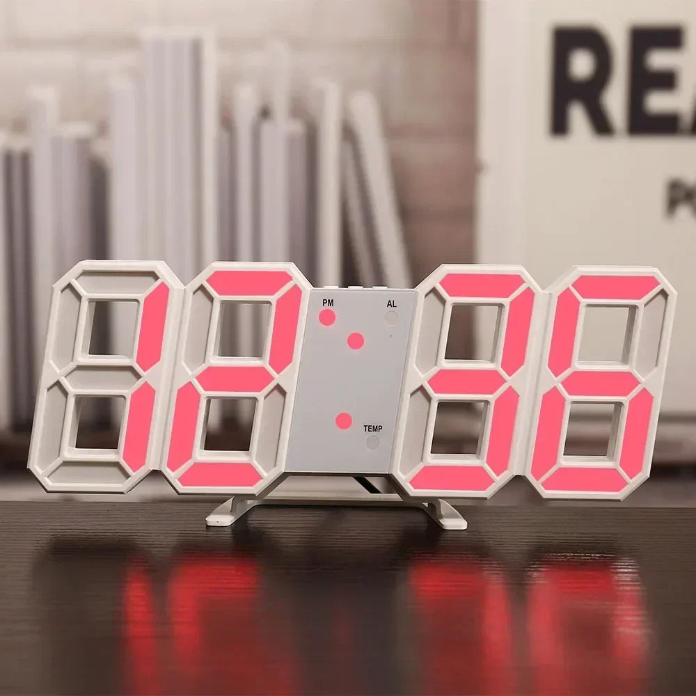 Relógio digital LED 3D de parede com modo noite em fundo branco
