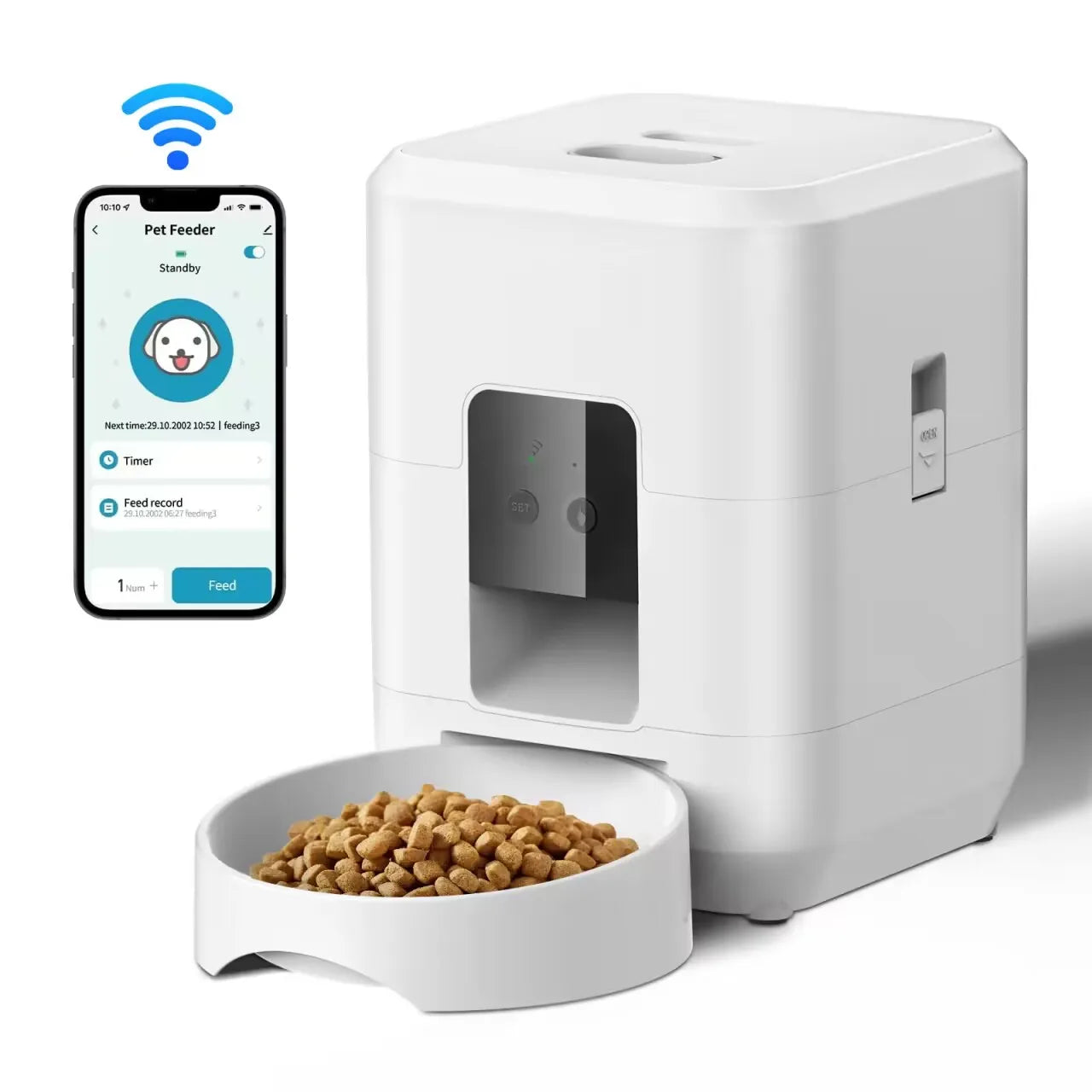 Comedouro automático para pets com timer programável e dispenser inteligente em fundo branco