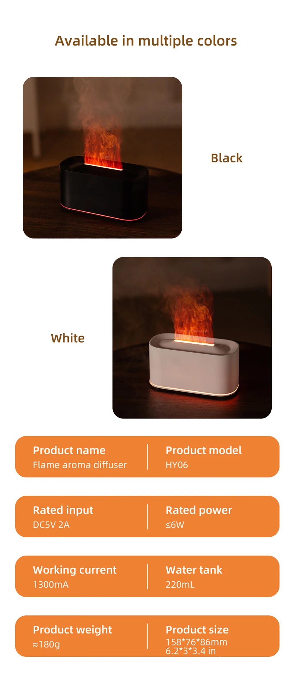 Difusor aromatizador vulcão com chama LED em fundo branco