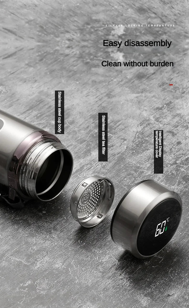 Garrafa térmica inox com display LED de temperatura em fundo branco