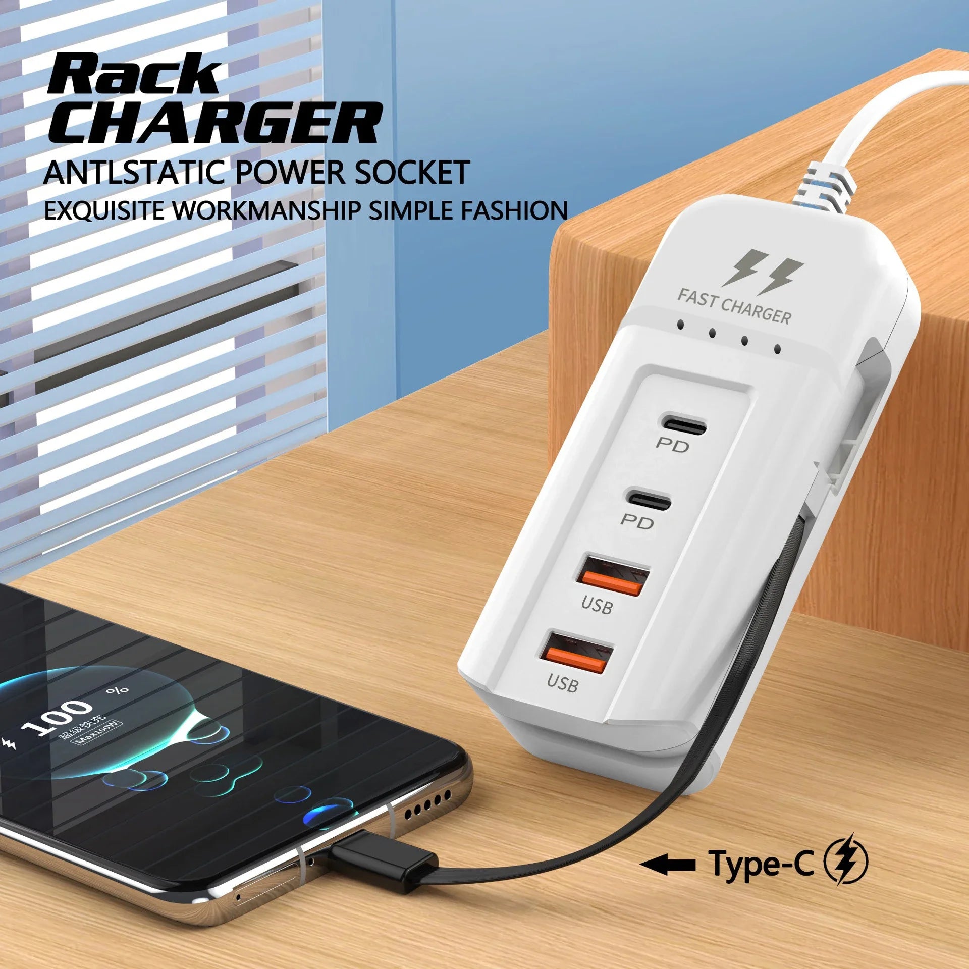 Carregador de parede USB-C 4 portas rápido em fundo branco