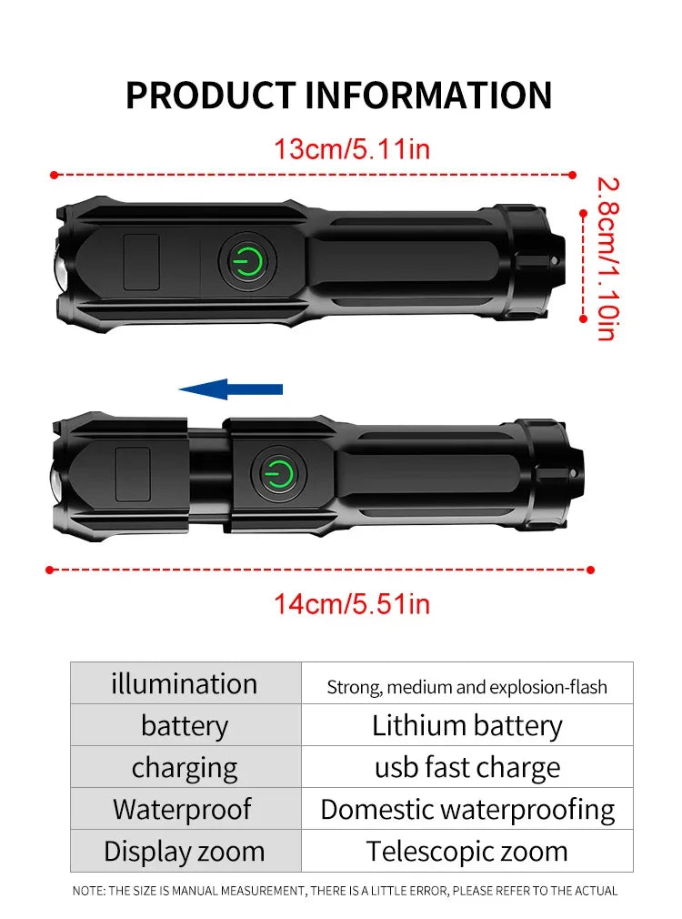 Lanterna Tática LED Recarregável USB com Zoom à Prova D'água - Foto 14