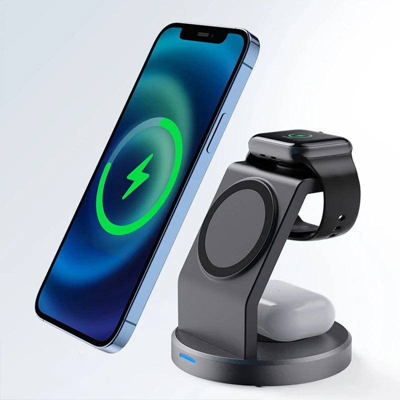 Carregador indução sem fio 3 em 1 para iPhone Watch e AirPods em fundo branco