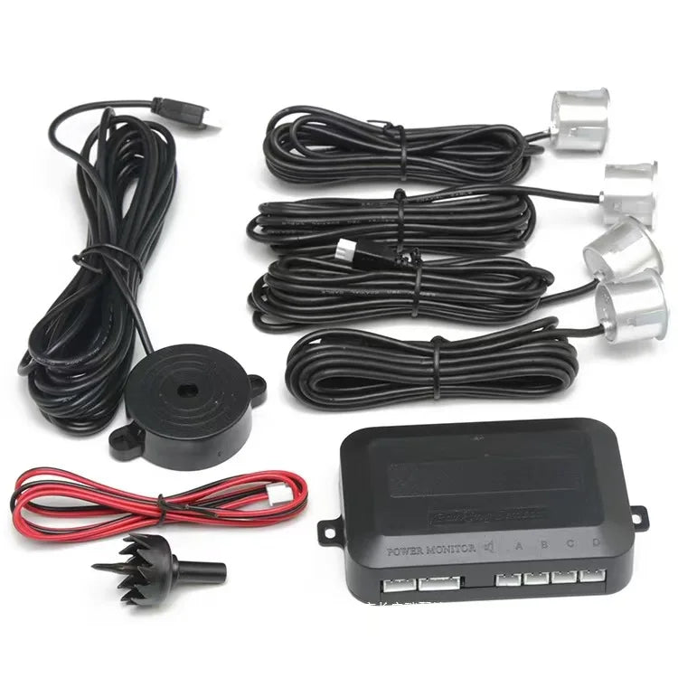 Kit sensor de estacionamento com 4 sensores e alarme sonoro em fundo branco