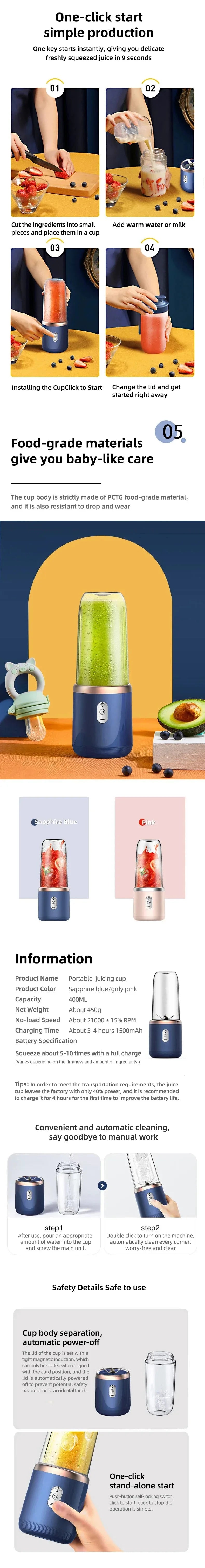 Mini liquidificador portátil USB 400ml recarregável em fundo branco
