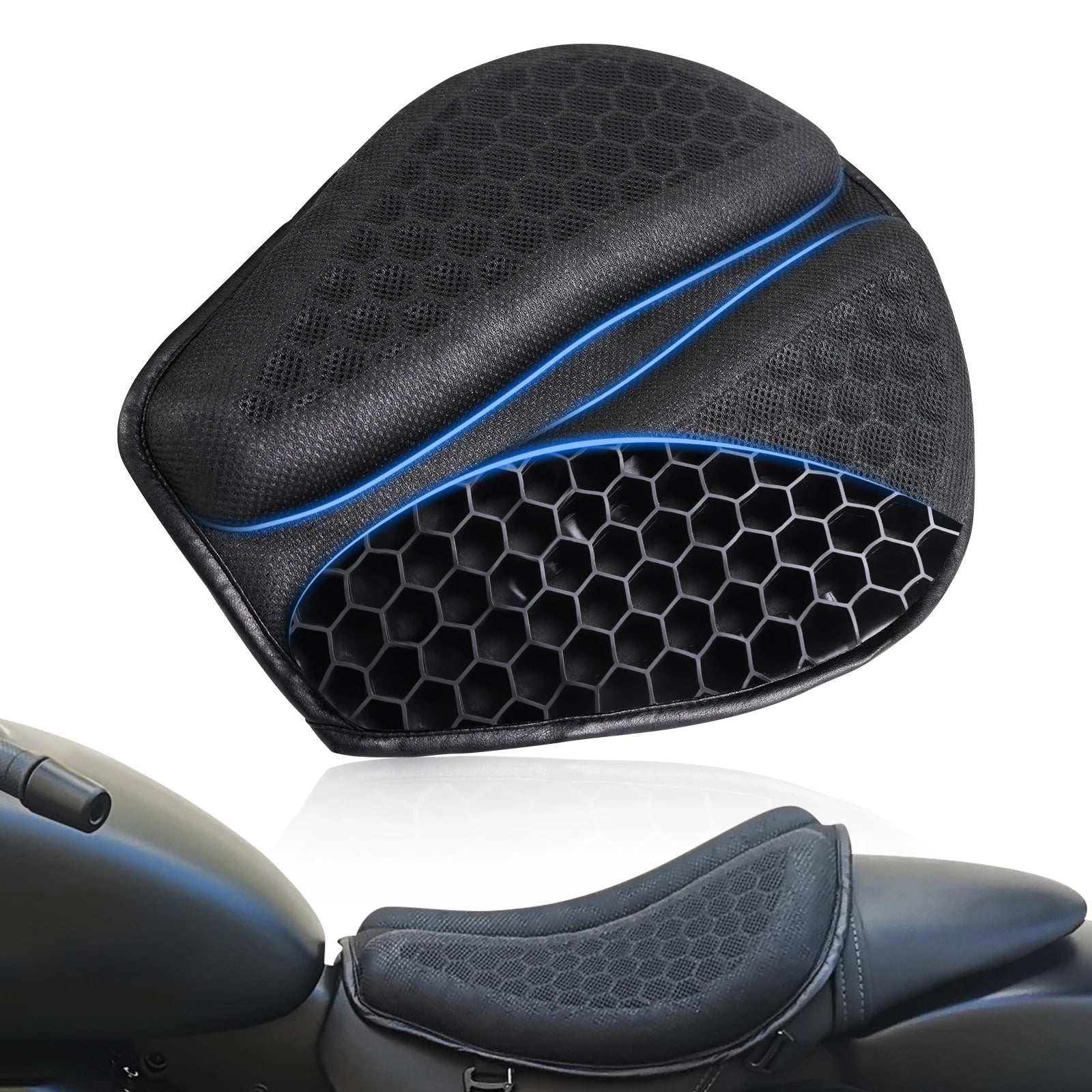 Almofada de gel 3D assento moto antiderrapante em fundo branco