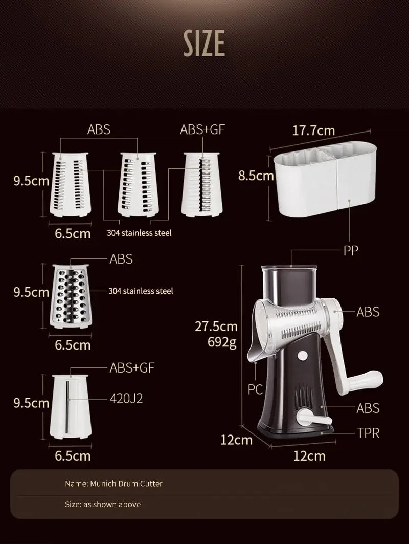 Cortador e fatiador manual de legumes com 5 lâminas rotativas em fundo branco