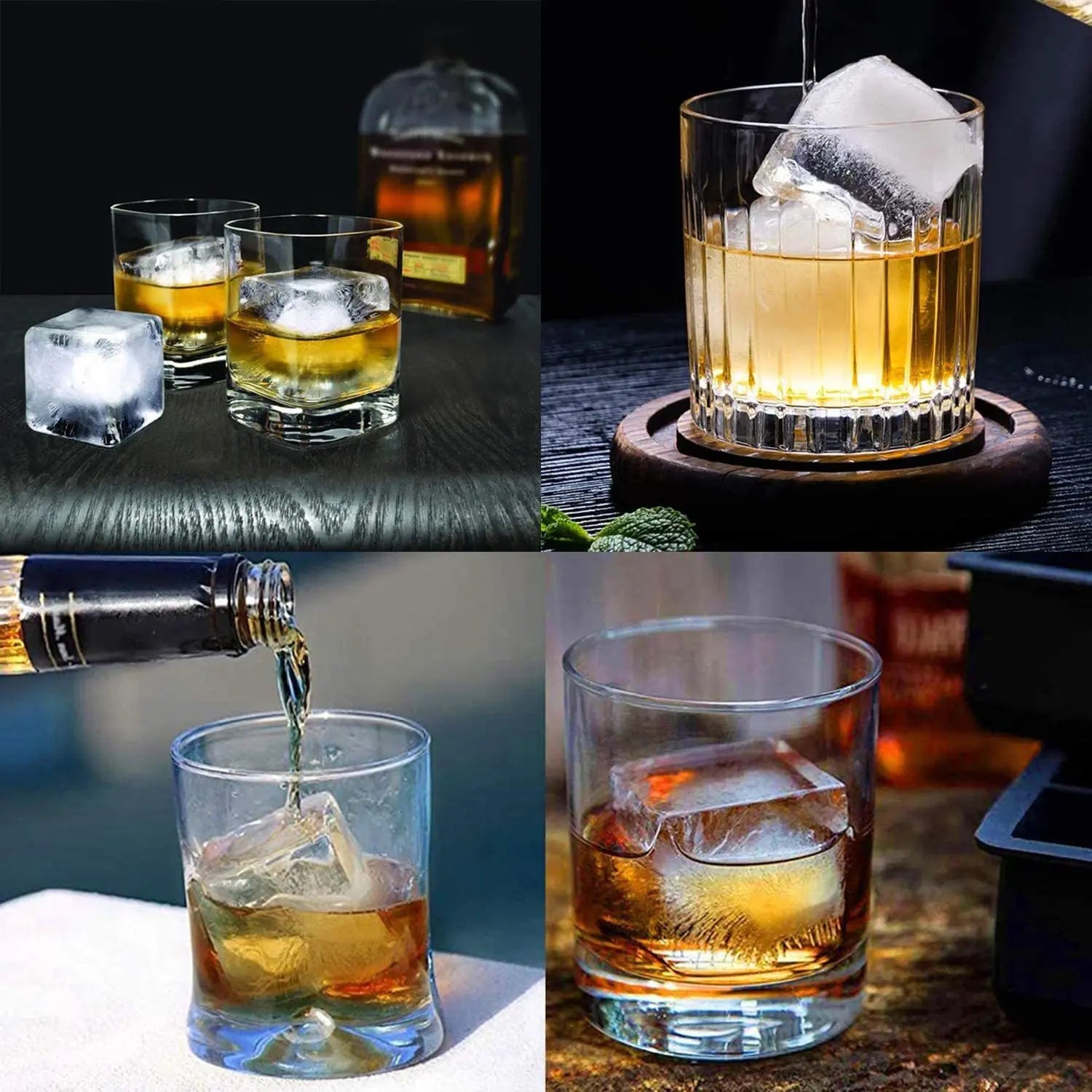Forma de gelo em silicone com cubos grandes e tampa fechada em fundo branco