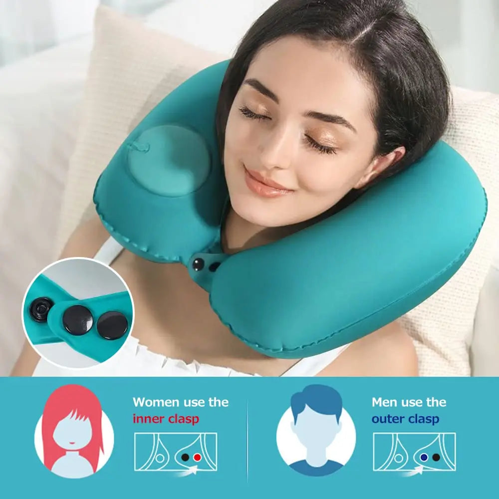Travesseiro de pescoço inflável portátil para viagem em fundo branco