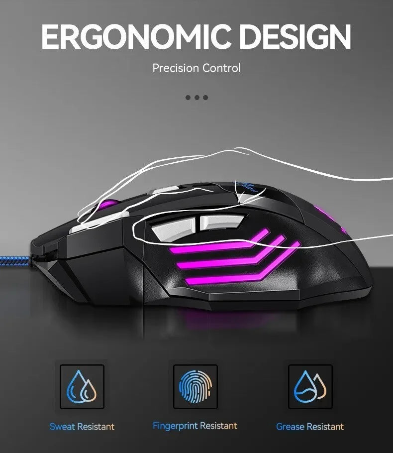 Mouse gamer USB com LED RGB ergonômico em fundo branco