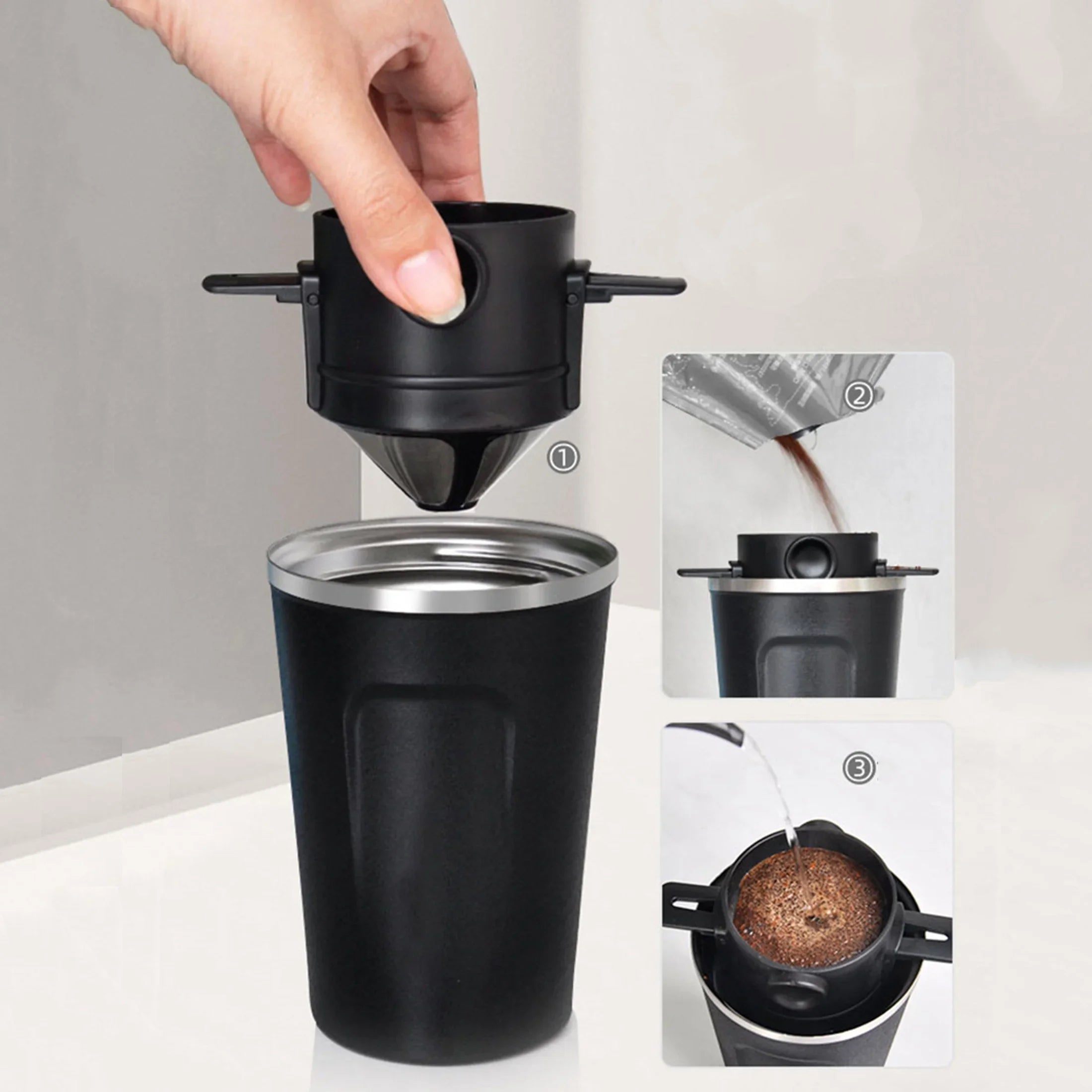 Cafeteira coador portátil inox com caneca térmica em fundo branco