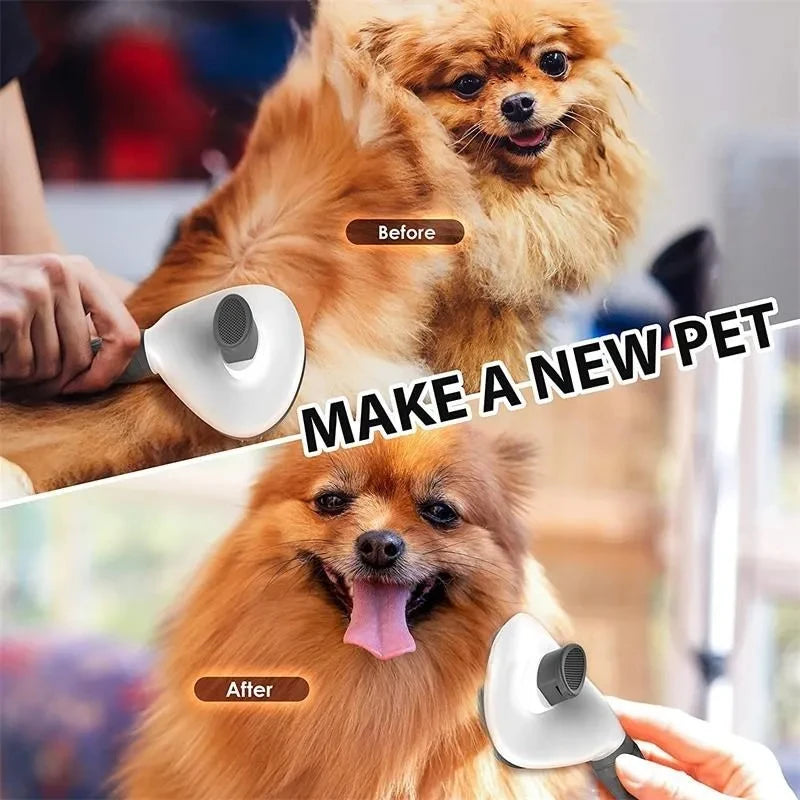 Escova tira pelos autolimpante para cães e gatos em fundo branco