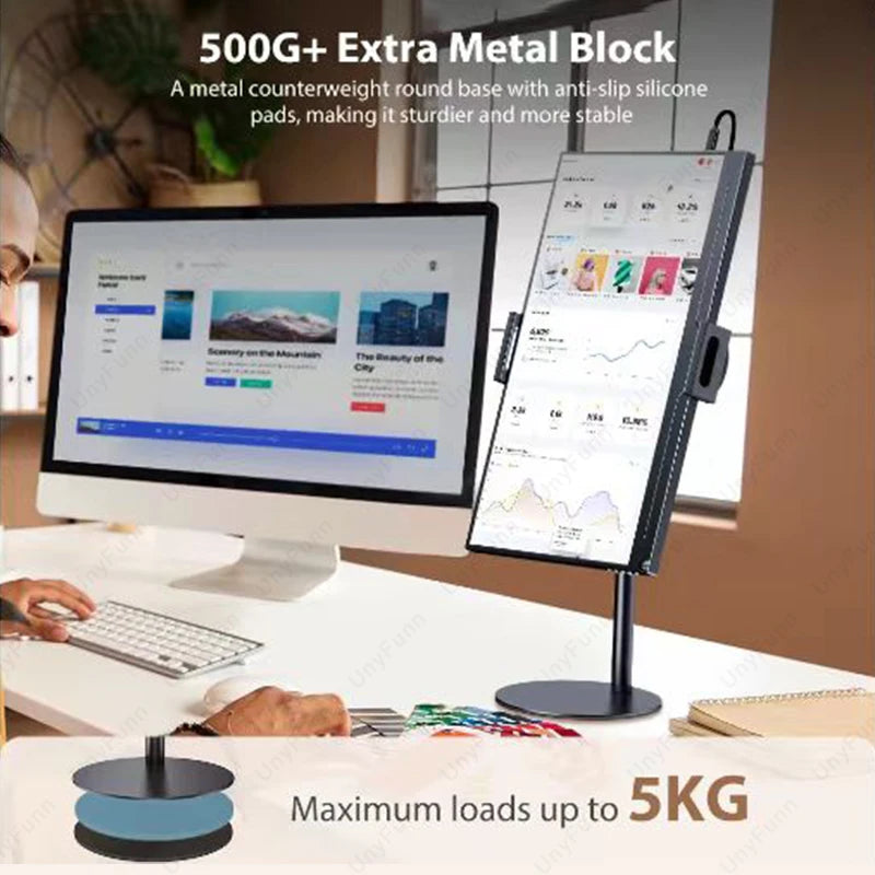 Suporte telescópico ajustável para monitor celular e tablet em fundo branco
