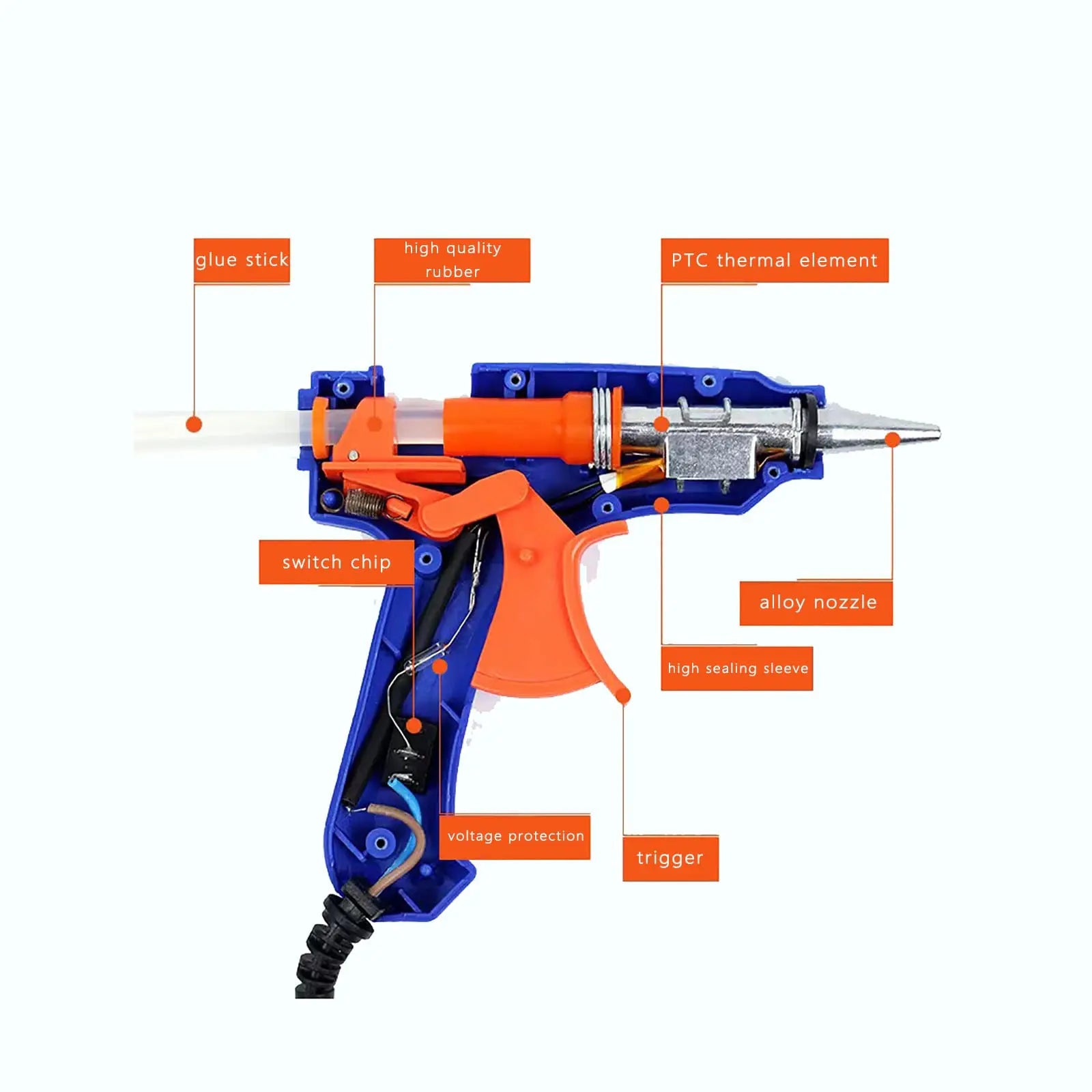 Pistola de cola quente elétrica com bastão de 7 mm em fundo branco