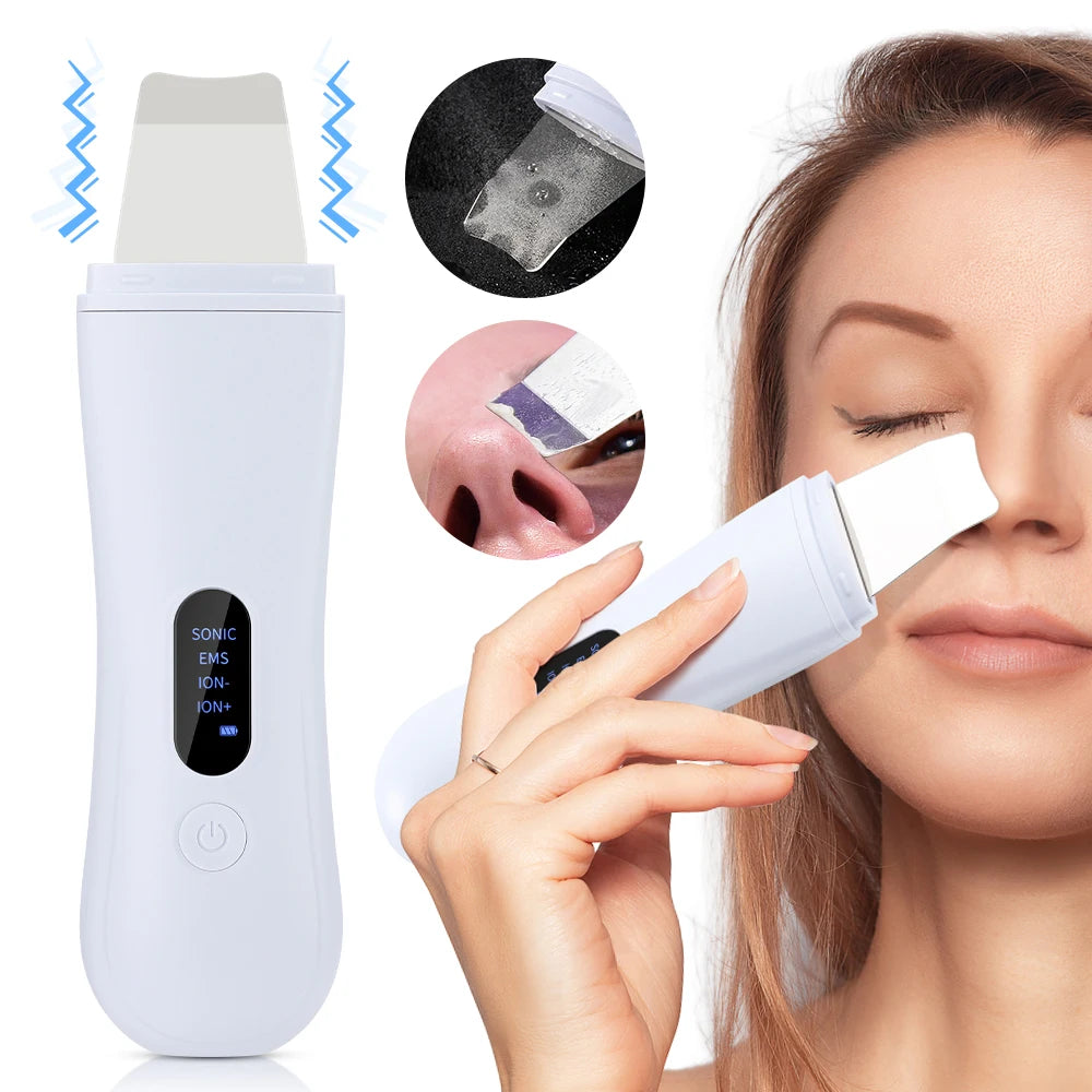 Espátula ultrassônica facial com 4 modos para limpeza de poros em fundo branco