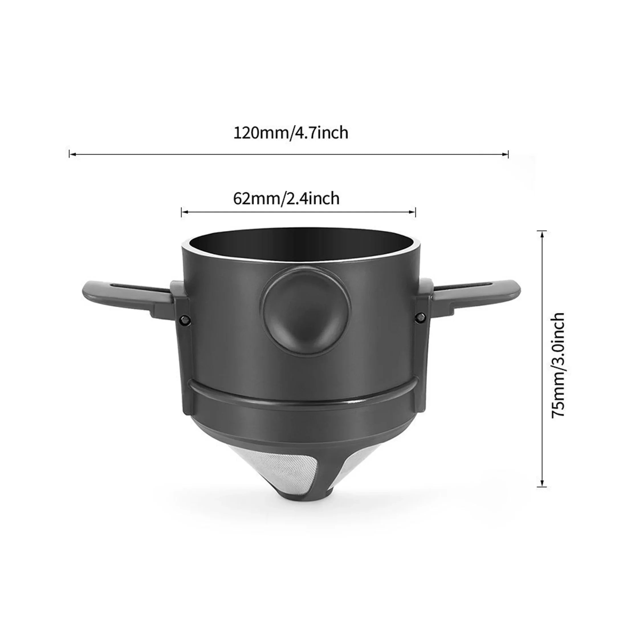 Cafeteira coador portátil inox com caneca térmica em fundo branco