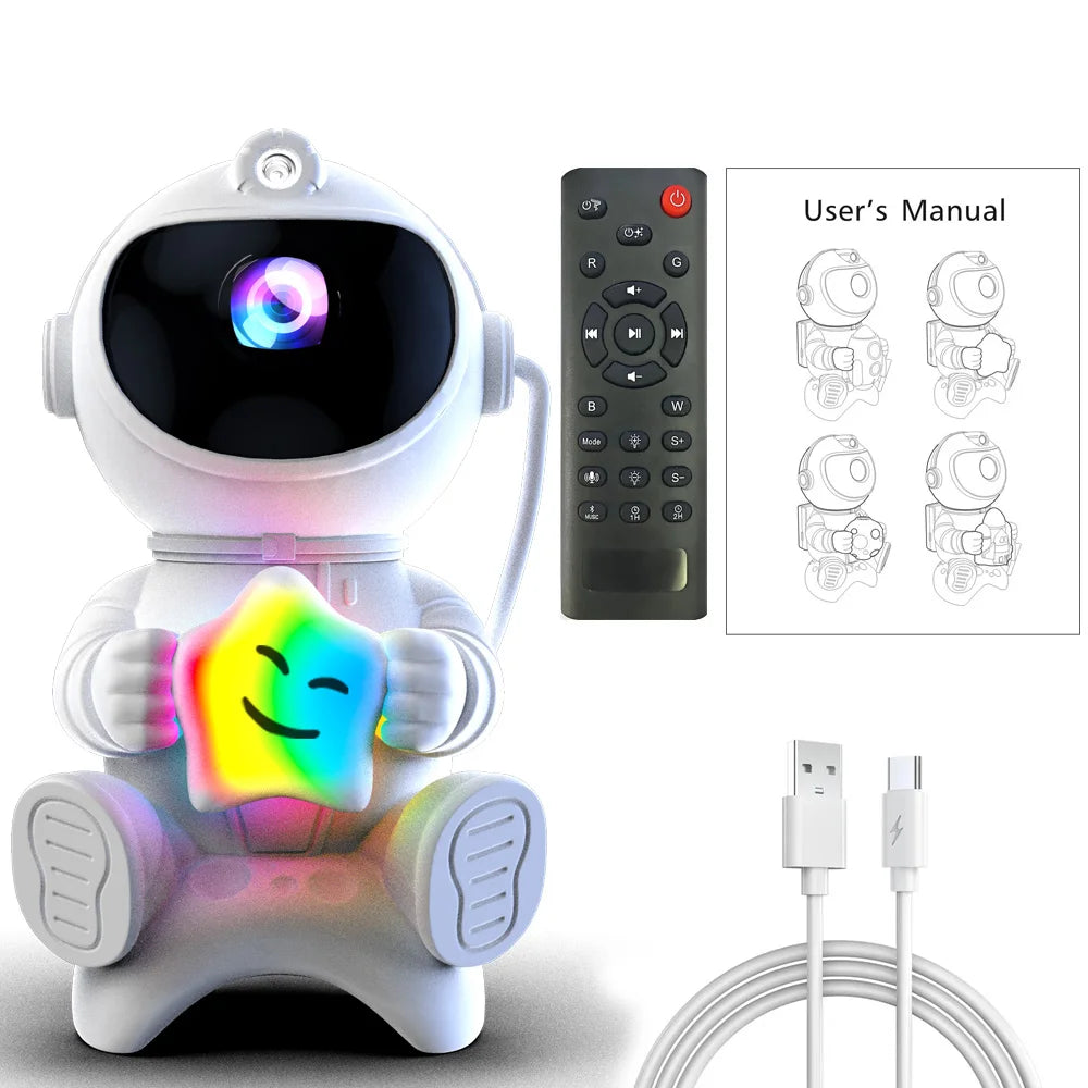 Projetor astronauta galáxia RGB com Bluetooth em fundo branco