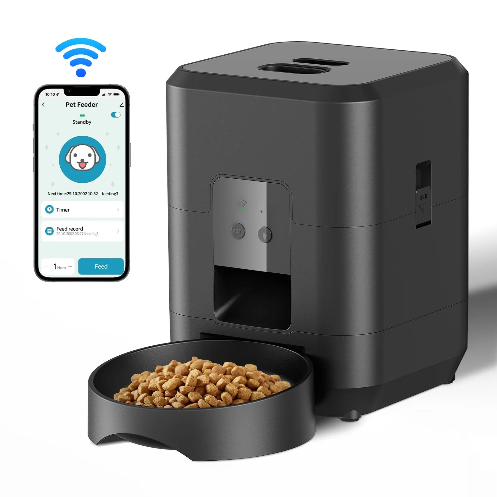 Comedouro automático para pets com timer programável e dispenser inteligente em fundo branco