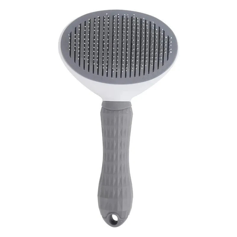 Escova tira pelos autolimpante para cães e gatos em fundo branco