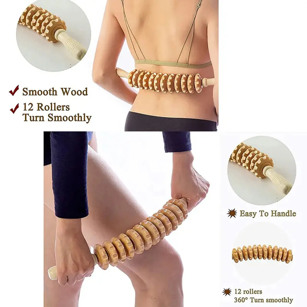 Massageador corporal de madeira rolo manual em fundo branco