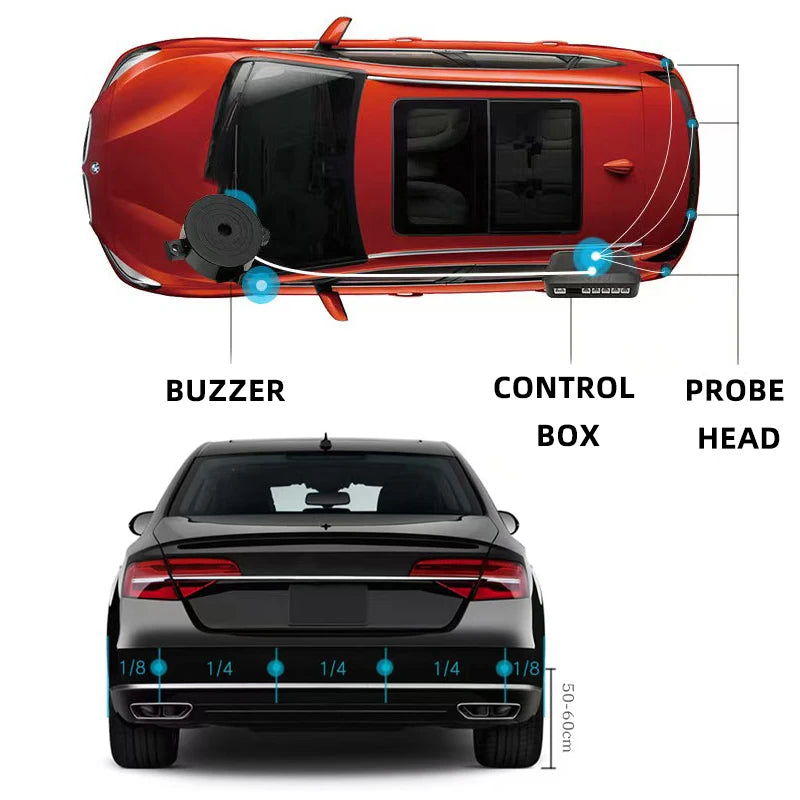 Kit sensor de estacionamento com 4 sensores e alarme sonoro em fundo branco
