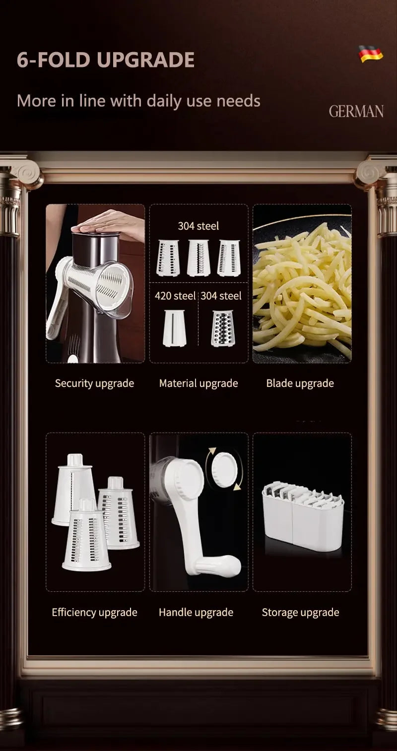 Cortador e fatiador manual de legumes com 5 lâminas rotativas em fundo branco