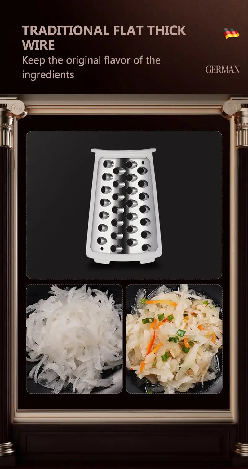 Cortador e fatiador manual de legumes com 5 lâminas rotativas em fundo branco