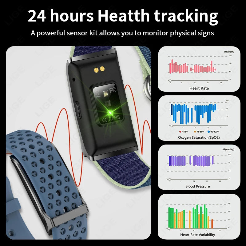 Pulseira fitness inteligente à prova d'água com monitor cardíaco em fundo branco