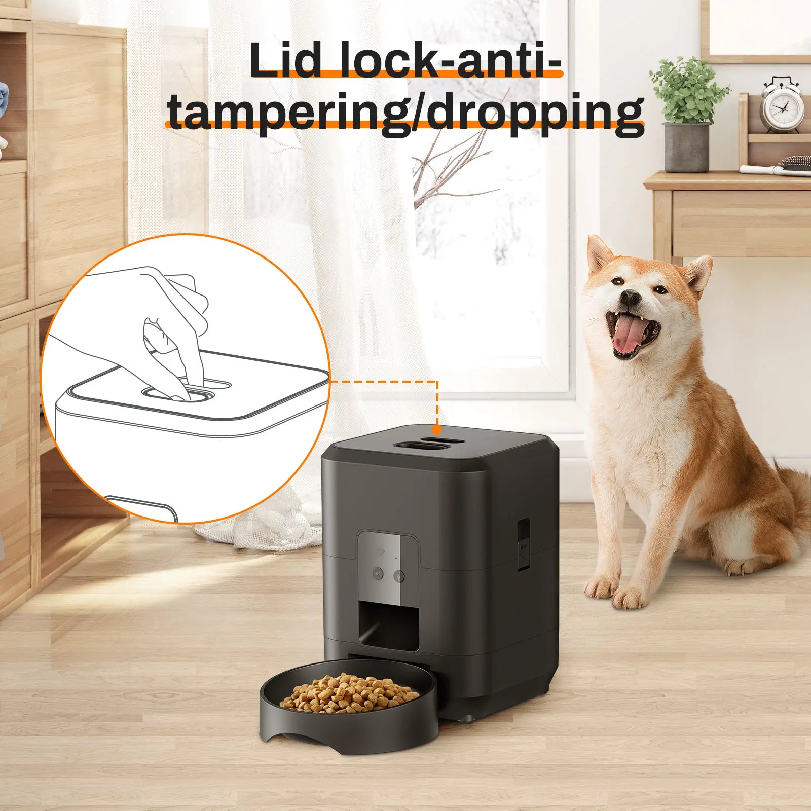 Comedouro automático para pets com timer programável e dispenser inteligente em fundo branco