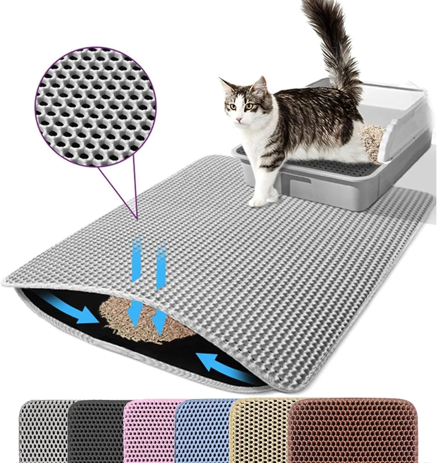 Tapete captador de areia dupla camada impermeável para caixa de gato em fundo branco