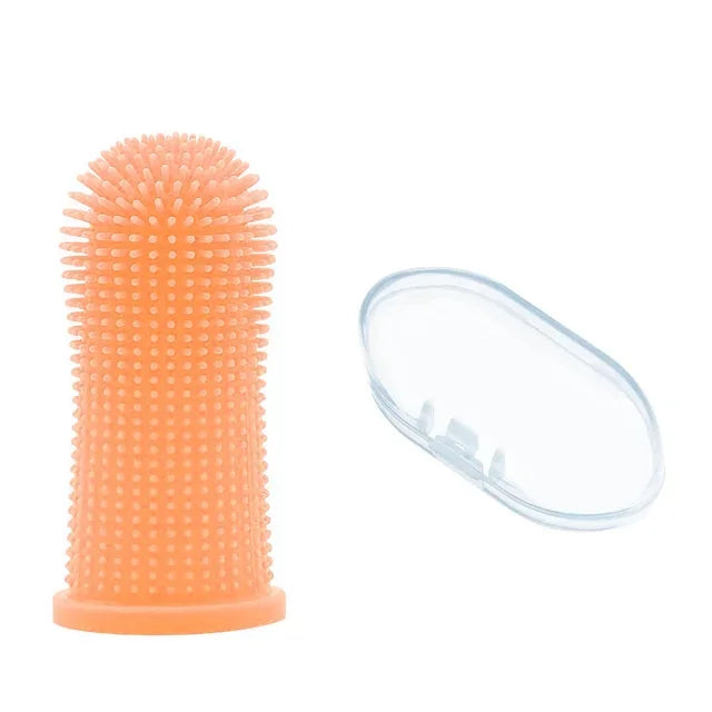 Escova de dedo para cães e gatos em silicone macio para limpeza dental em fundo branco