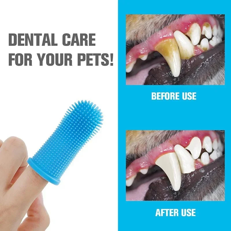 Escova de dedo para cães e gatos em silicone macio para limpeza dental em fundo branco