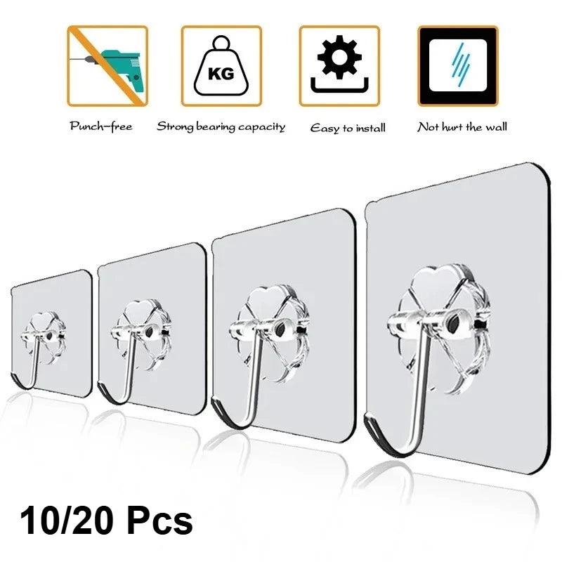Kit de ganchos adesivos transparentes para parede em fundo branco