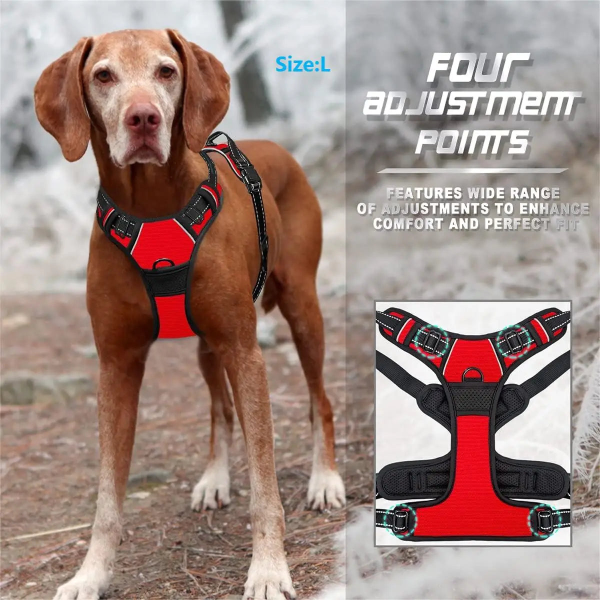 Peitoral anti-puxão refletivo para cães com alça acolchoada em fundo branco