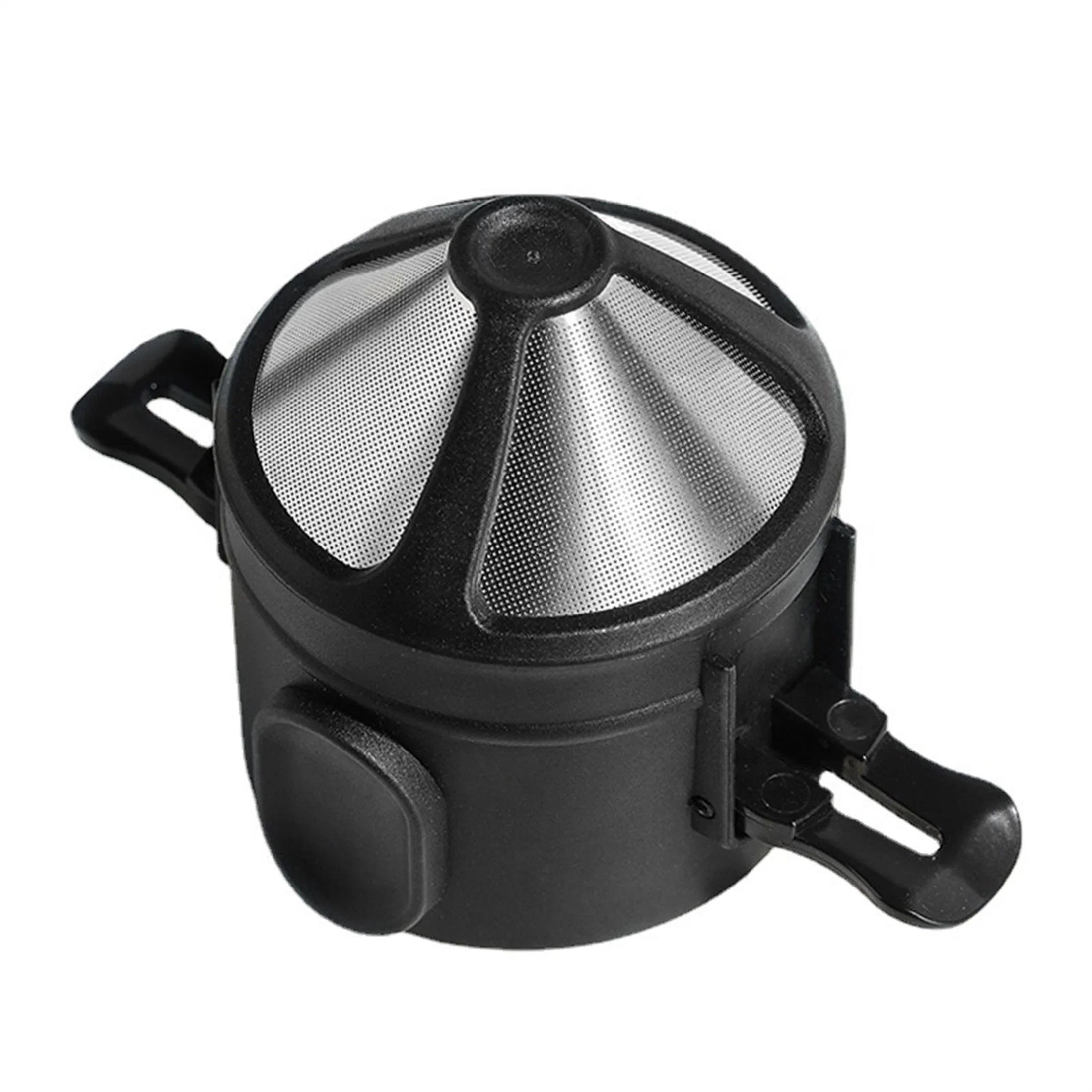 Cafeteira coador portátil inox com caneca térmica em fundo branco