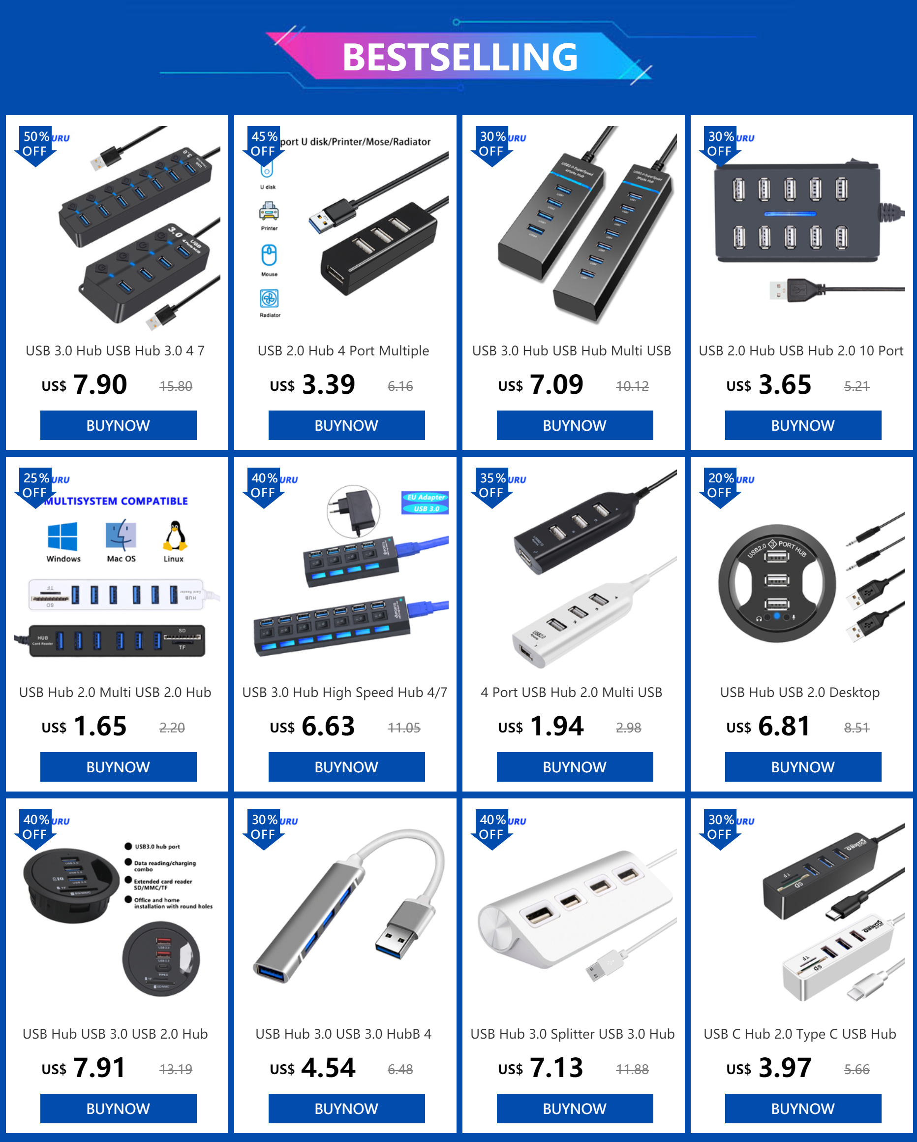Hub USB 3.0 expansor multi portas com switch em fundo branco