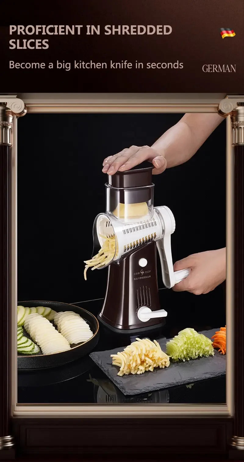 Cortador e fatiador manual de legumes com 5 lâminas rotativas em fundo branco