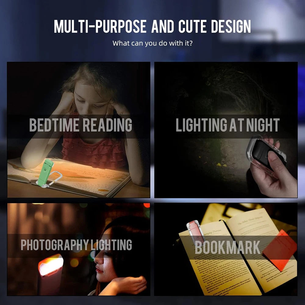 Luminária de leitura clip para livros com 3 cores em fundo branco