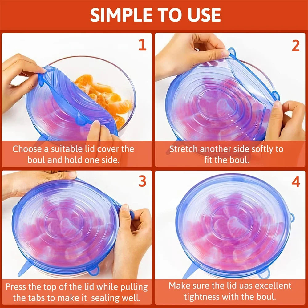 Tampas de silicone reutilizáveis kit 6 peças elásticas para potes em fundo branco