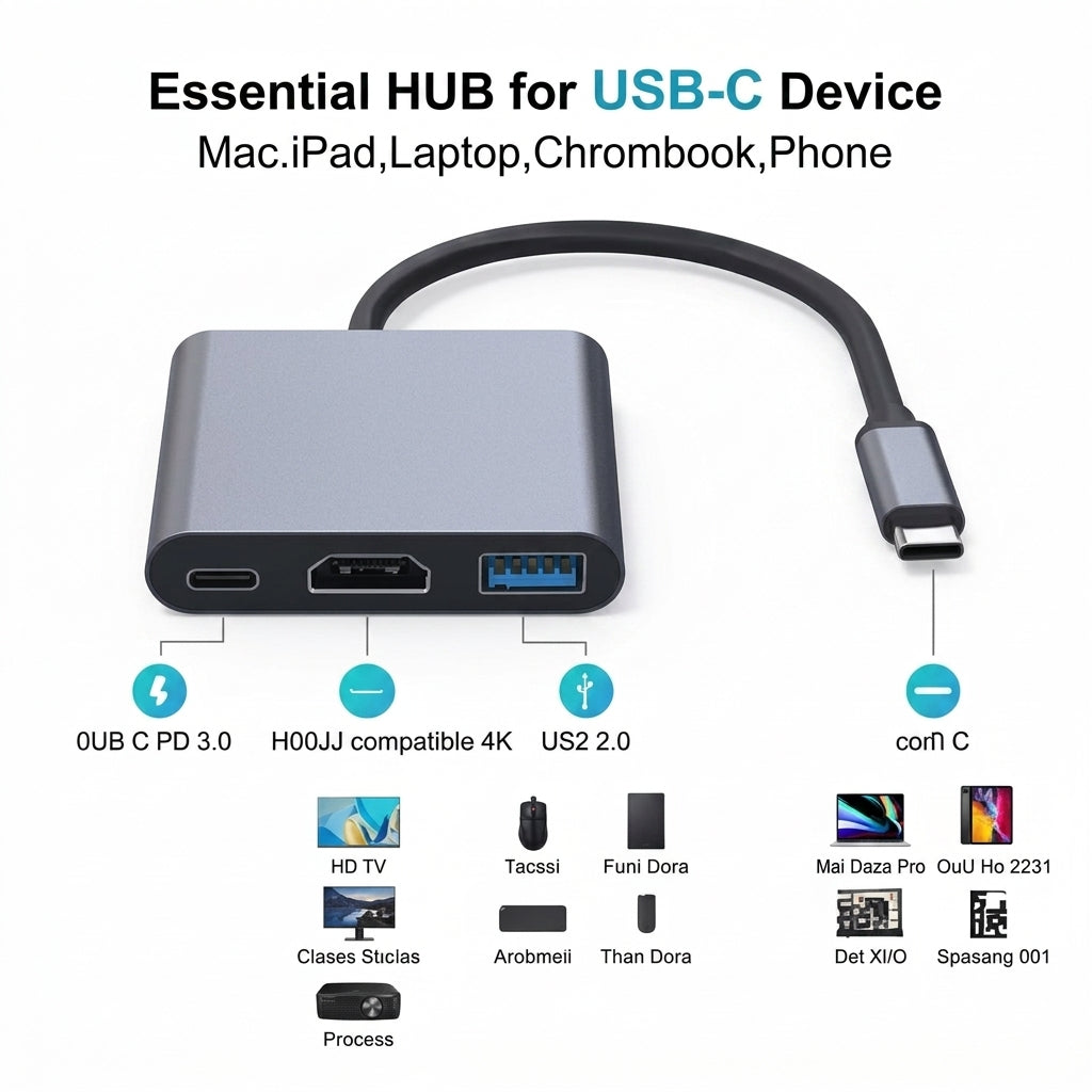Adaptador USB-C para HDMI 4K com Entrada USB 3.0 e Carga em fundo branco
